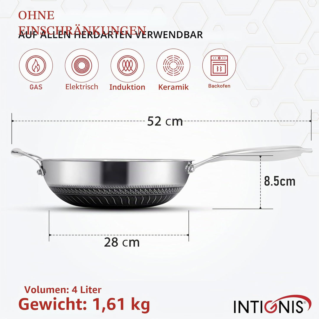 INTIGNIS Edelstahl Wokpfanne mit Deckel 4L, 28 cm – Honeycomb Hybrid Oberfläche, Induktion & Ofenfes