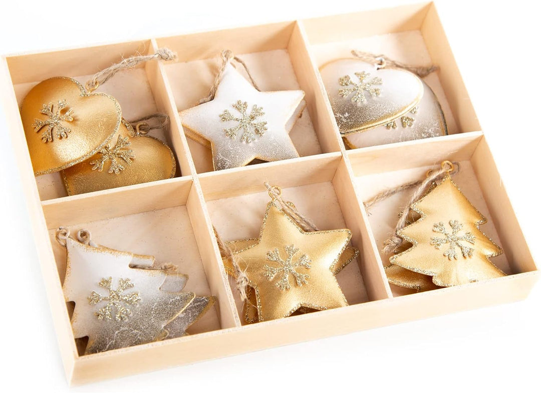 Logbuch-Verlag 12 Weihnachtsbaumanhänger Sterne Herzen Bäume aus Metall Gold weiss 5 cm - Weihnachts