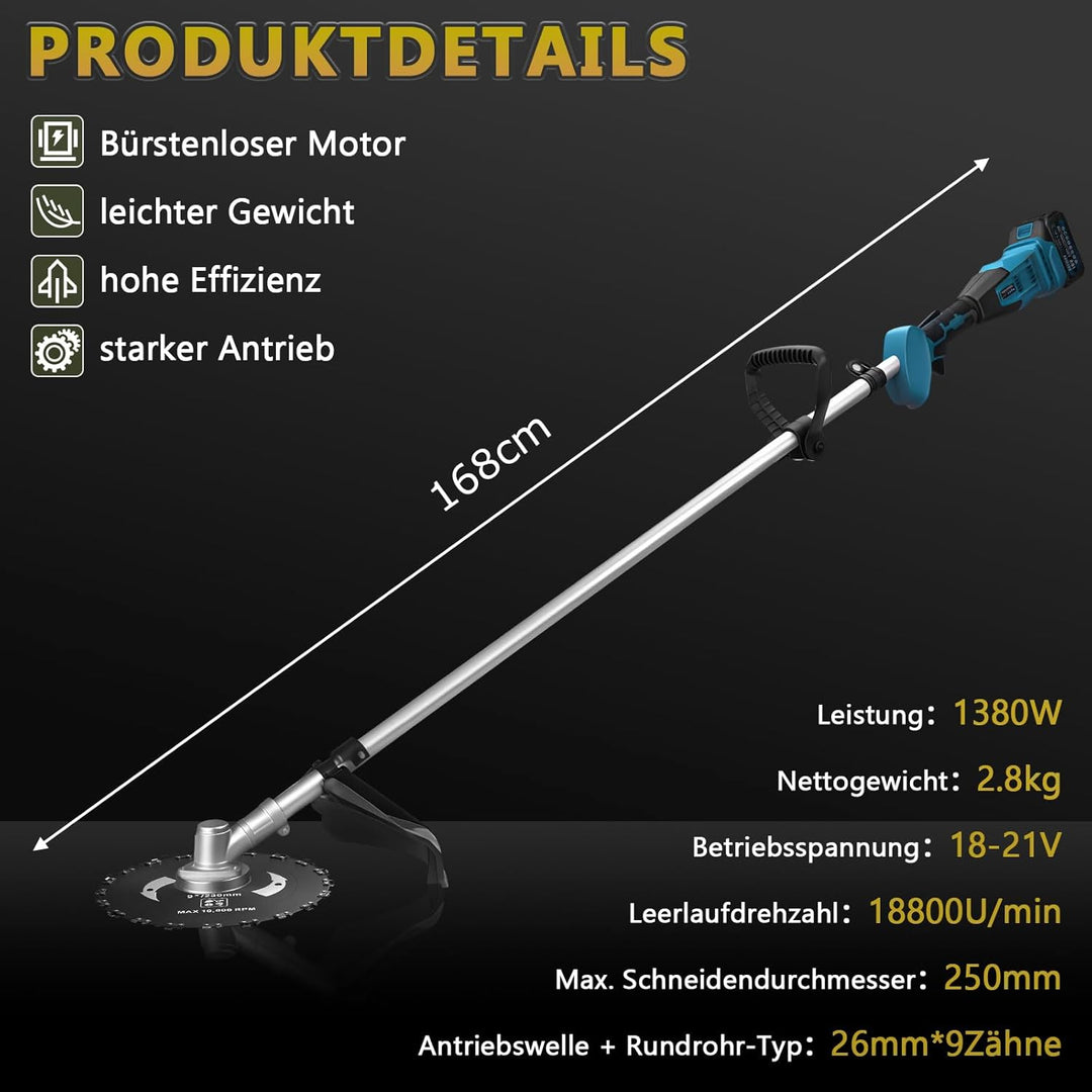1380W Akku Rasentrimmer Kompatibel mit Makita Akkus 18V | 7-in-1 Akku Freischneider mit Unkrautbürst