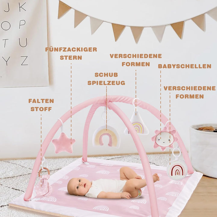 Mallify Spielbogen Baby Mädchen, Krabbeldecke für Baby mit 6 abnehmbaren sensorischen Spielzeugen un