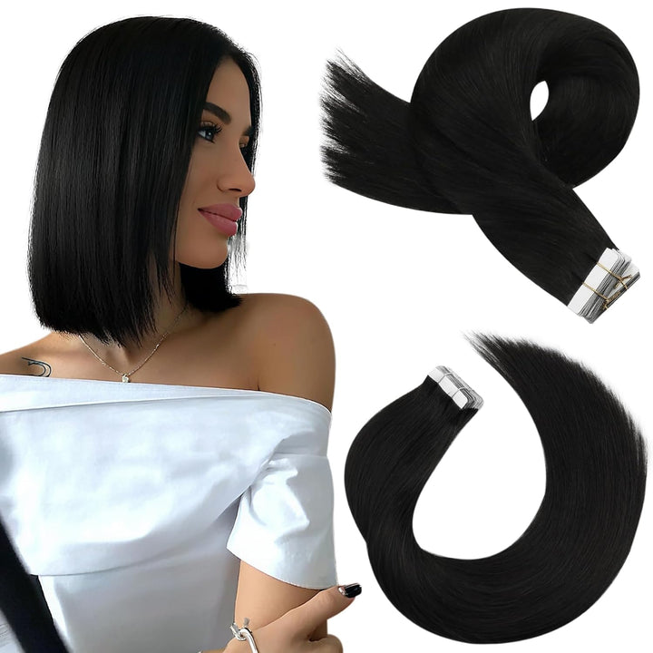 Moresoo Tape Extensions Echthaar Schwarzes Haar Extensions Tape Nahtlose Unsichtbar Remy Tape in Haa