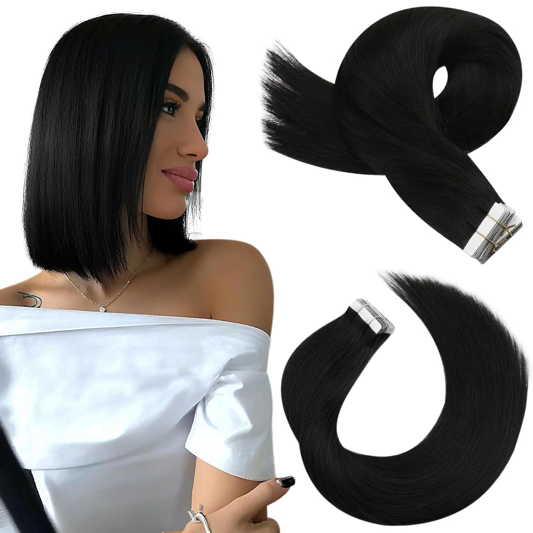 Moresoo Tape Extensions Echthaar Schwarzes Haar Extensions Tape Nahtlose Unsichtbar Remy Tape in Haa
