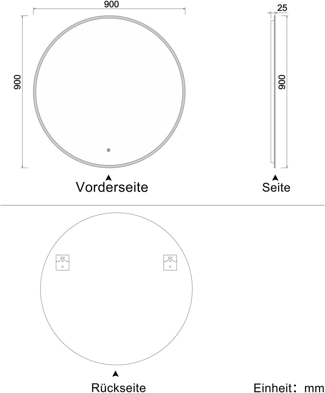 Aica Sanitär LED Badspiegel rund 90 cm Touch Beschlagfrei Wandspiegel mit Beleuchtung Lichtspiegel B