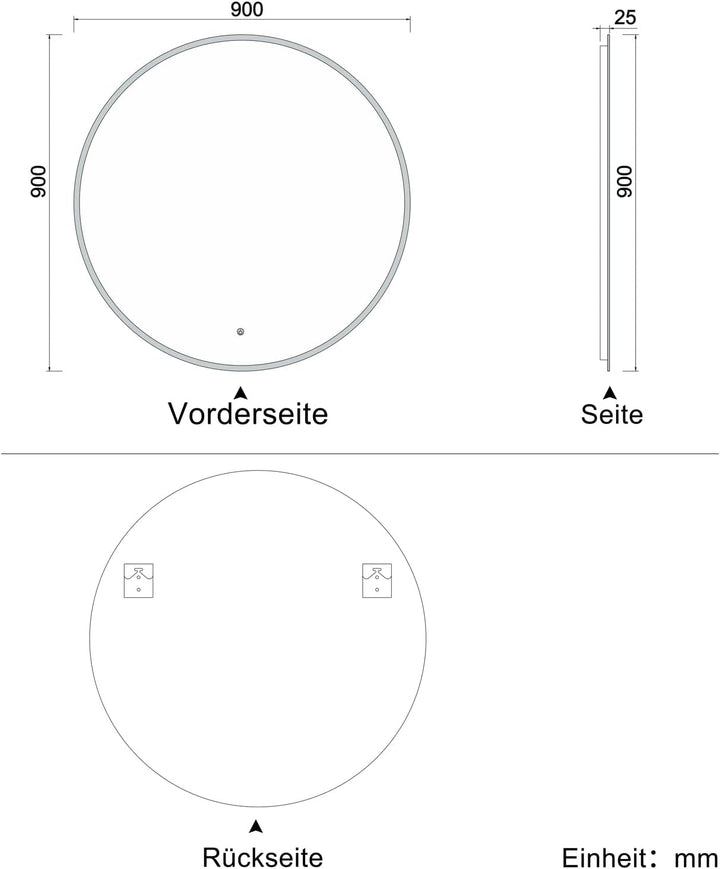 Aica Sanitär LED Badspiegel rund 90 cm Touch Beschlagfrei Wandspiegel mit Beleuchtung Lichtspiegel B