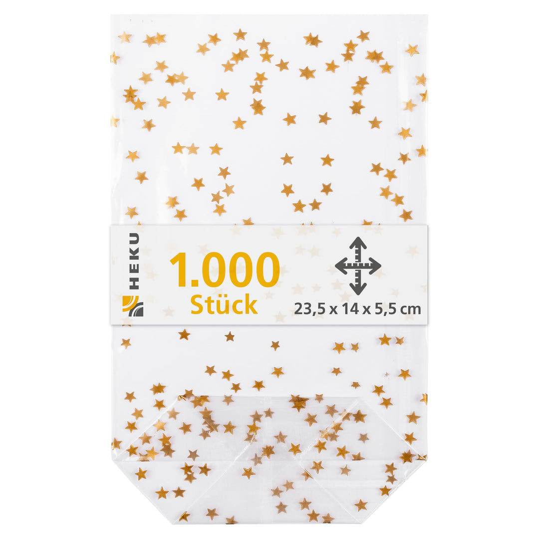 HEKU 1000er Packung Transparente Bodenbeutel mit goldenen Sternen 235x140x55mm I Stabiler Kreuzboden