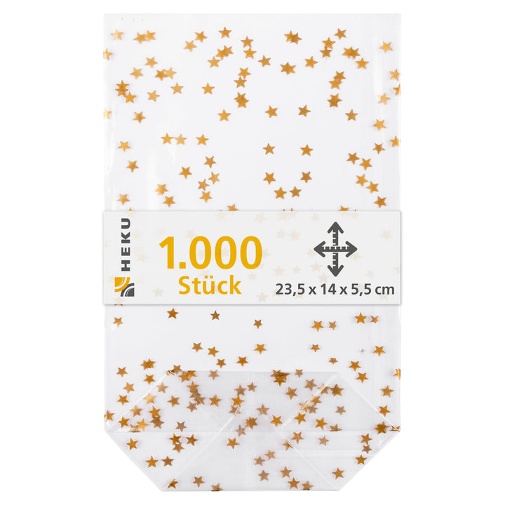 HEKU 1000er Packung Transparente Bodenbeutel mit goldenen Sternen 235x140x55mm I Stabiler Kreuzboden