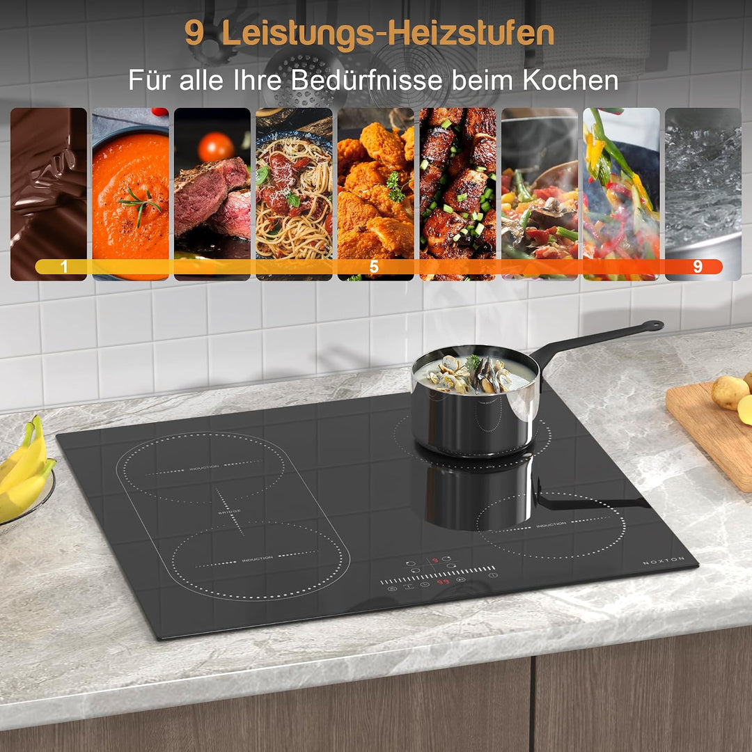 NOXTON Induktionskochfeld 60 cm Flexzonen mit Stecker, Induktionsfeld 4 Platten Einbau mit Schiebere