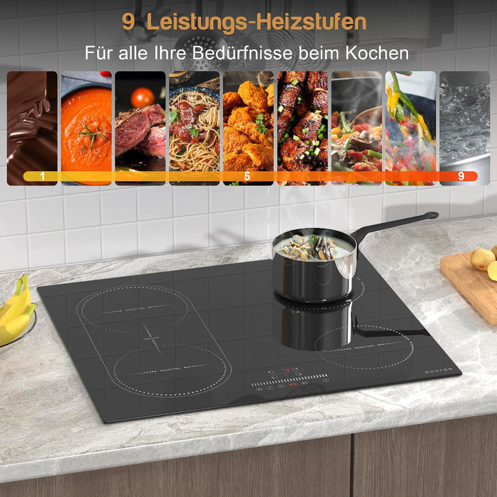 NOXTON Induktionskochfeld 60 cm Flexzonen mit Stecker, Induktionsfeld 4 Platten Einbau mit Schiebere