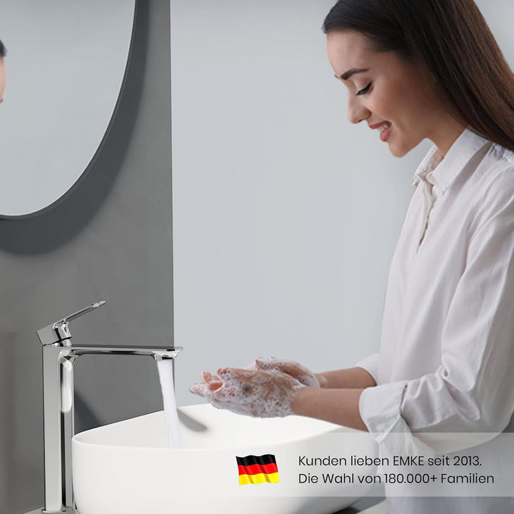EMKE Waschtischarmatur Chrom, Wasserhahn Bad Mischbatterie Ultrathin, German 4MS Kupfer mit DVGW Zer