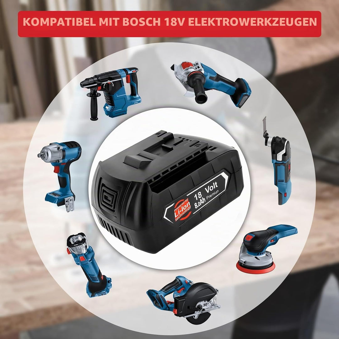 2X 18V 8.0Ah/8000mAh Ersatzakku für Bosch akku + Ladegerät für 14,4V-18V BAT618 BAT618G BAT609 BAT60