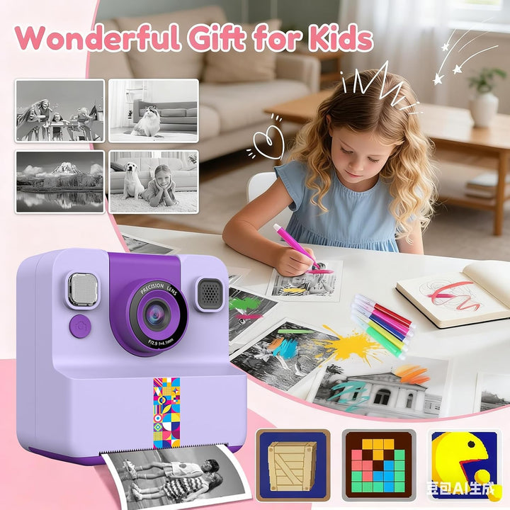 Sofortbildkamera Kinder,Kinderkamera Kompaktkameras 1080P HD Sofortdruck von Fotos,mit 2 Rollen Druc