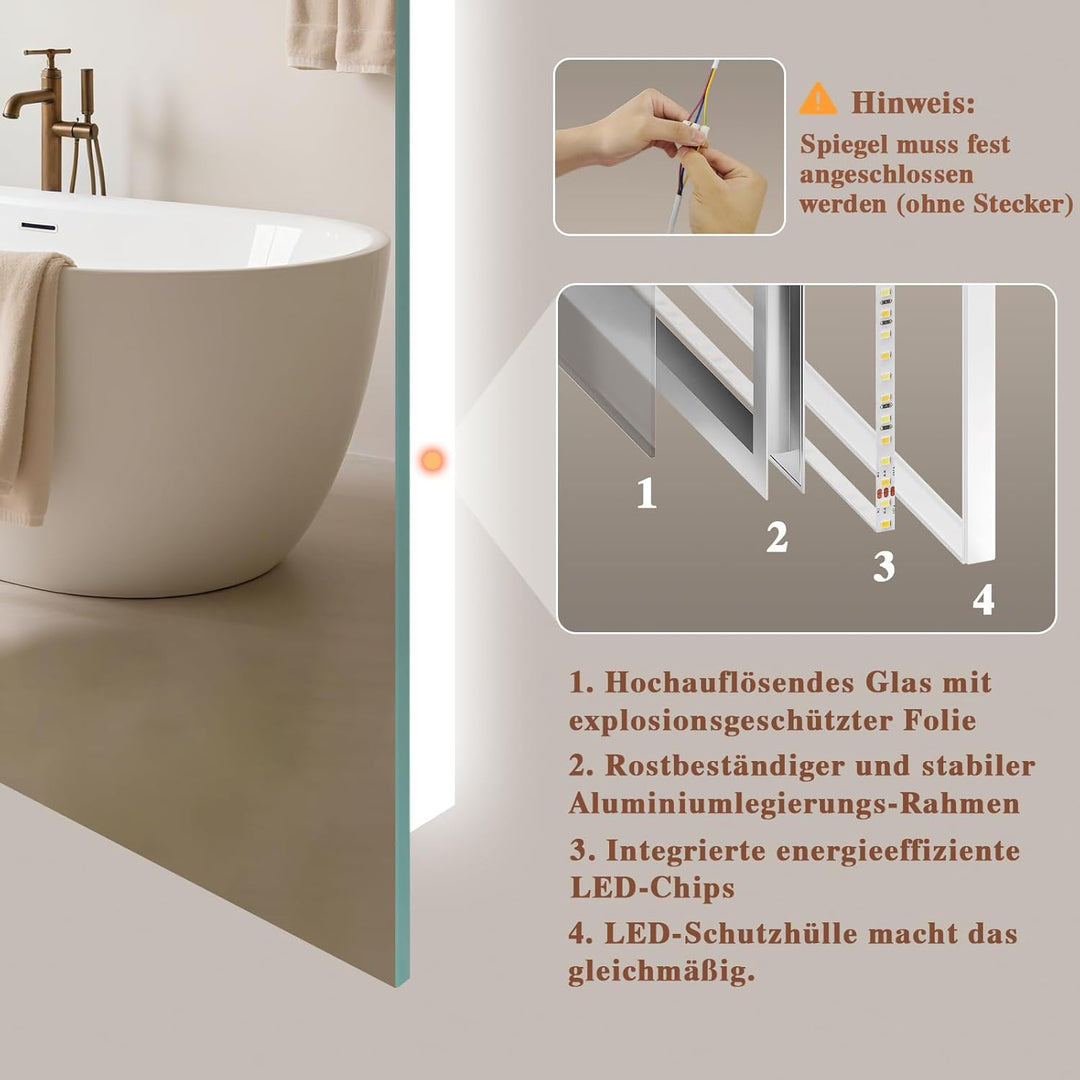 Badspiegel-mit-Beleuchtung 80x60cm - Badezimmerspiegel LED Badezimmer Spiegel mit Beleuchtung, Touch