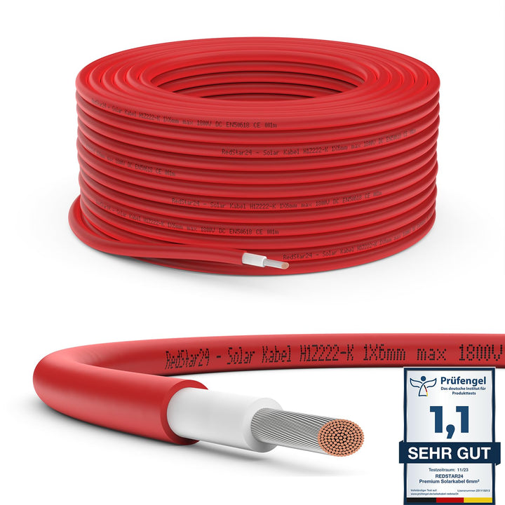 RedStar24 Premium Solarkabel 6mm² Rot - 30m - TÜV SÜD geprüft - UV-beständig, flexibel, Photovoltaik