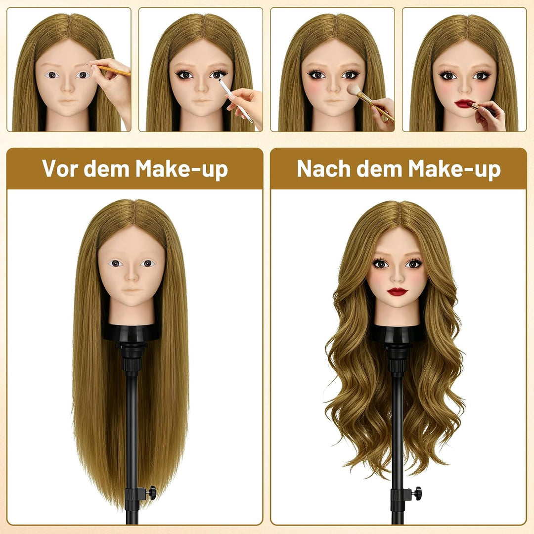 TwoWin Friseurkopf mit Haaren, 24 Zoll (61 cm) 80% Echthaar Mannequin Kopf, Make-up Übungskopf, Trai