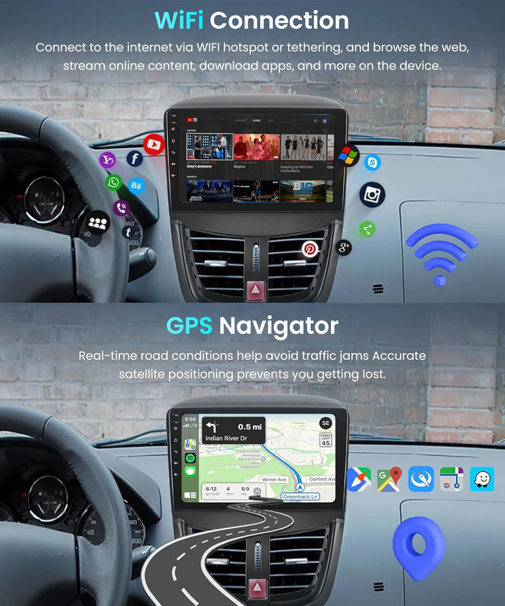Rimoody 4+64G Android Autoradio für Peugeot 207 2006-2015 9 Zoll Touchscreen Kabelloses Carplay 207