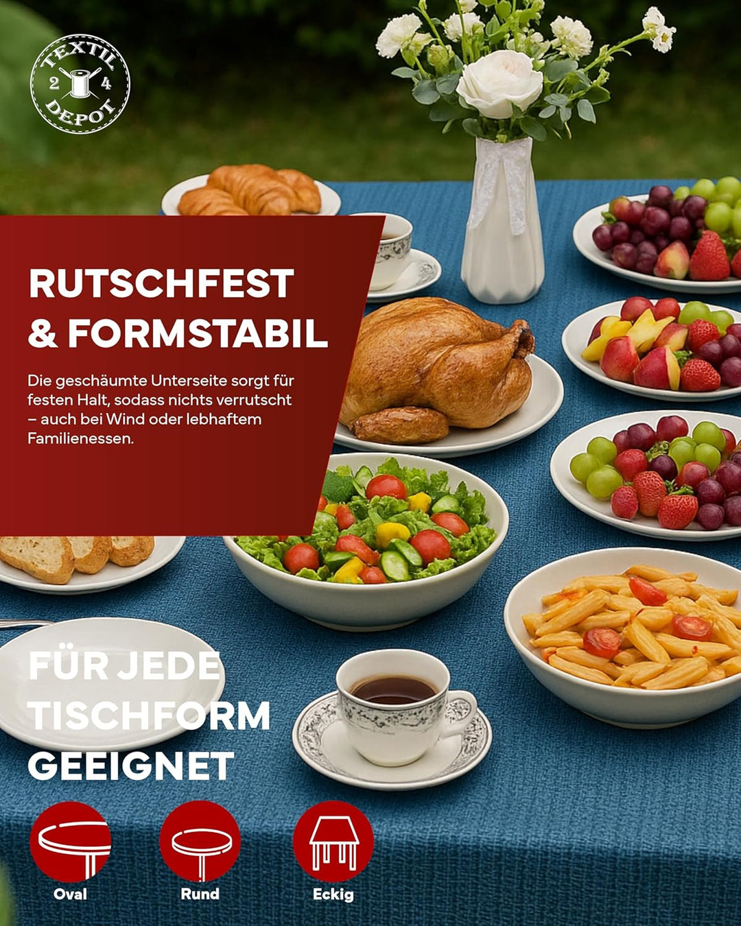 texpot Gartentischdecke mit Fransen - wetterfest - geschäumt - rutschfest (160 x 220 cm oval, Blau)