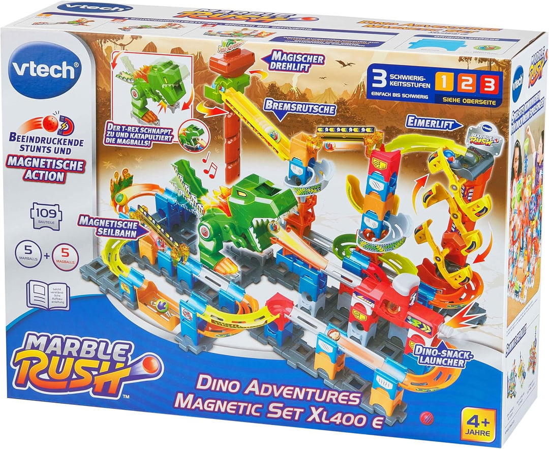 VTech Marble Rush - Dino Adventures Magnetic Set XL400 E – Interaktive Murmelbahn mit spannenden Bah
