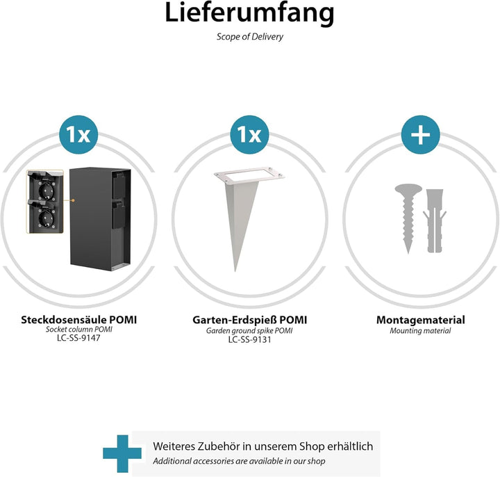 ledscom.de Garten-Steckdosen-Säule POMI mit Erdspiess für aussen, IP44, 4-Fach, anthrazit, eckig, 23
