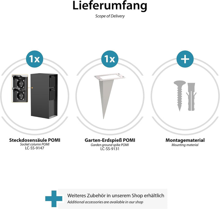 ledscom.de 2 Stück Garten-Steckdosen-Säule POMI mit Erdspiess für aussen, IP44, 4-fach, anthrazit, e