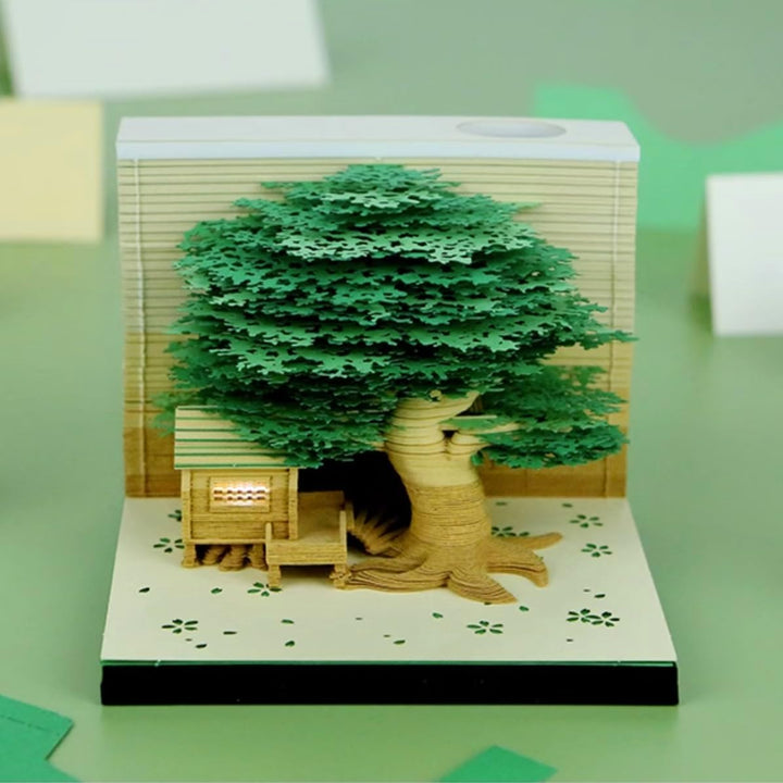 MEICHI 3D Notizblock, nicht verklebt, 3D Baumhaus (Grün) Papierkunst mit Anzeigebox glasklar, 9 x 9