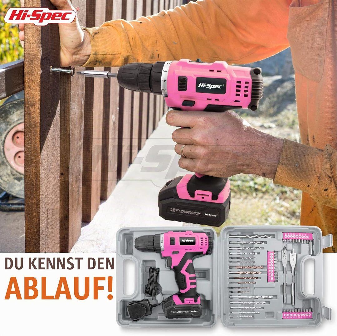 Hi-Spec Akkuschrauber und Bohrmaschinen 50tlg. – 12V Bohrmaschine in Pink Rosa mit gängigen Holz-, M