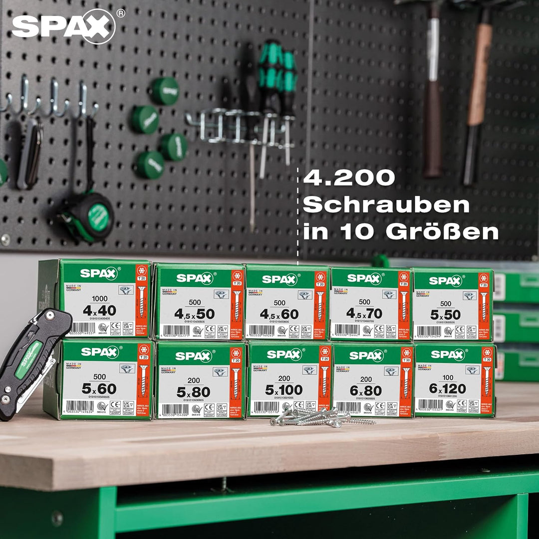 SPAX Heimwerker Schrauben-Set, 4200 Teilgewinde-Schrauben in 10 Abmessungen inkl. Multitool, für Hol