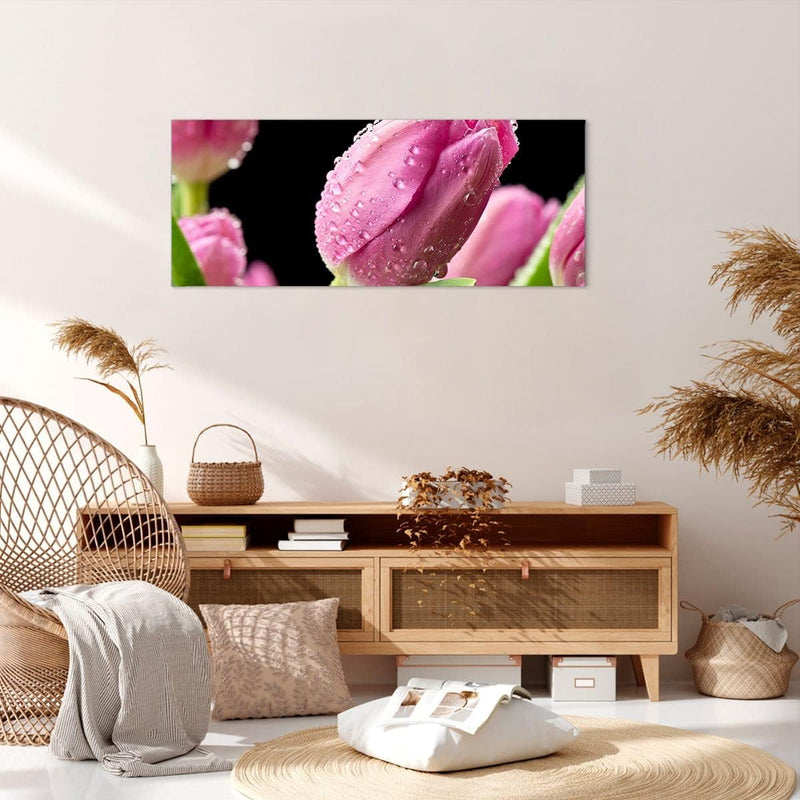 Wandbilder Dekoration Wohnzimmer Tulpe Blumen Tau Panorama Bilder auf Leinwand 120x50cm Leinwandbild