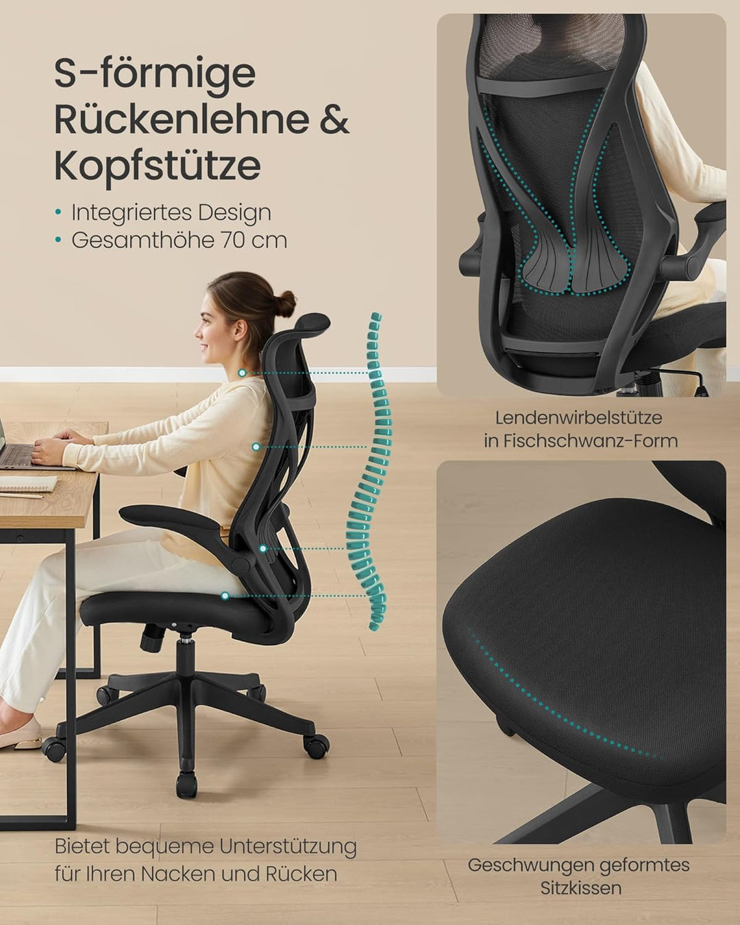 SONGMICS Bürostuhl, Schreibtischstuhl, ergonomische Rückenlehne, höhenverstellbar, hochklappbare Arm