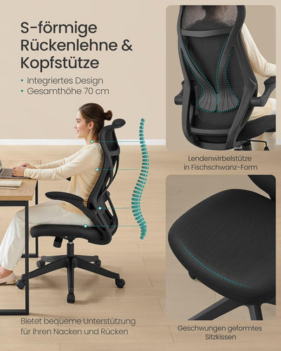 SONGMICS Bürostuhl, Schreibtischstuhl, ergonomische Rückenlehne, höhenverstellbar, hochklappbare Arm