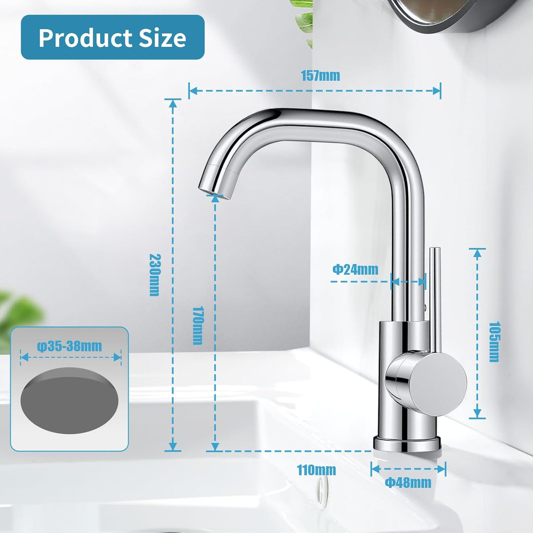Chrom Wasserhahn Bad 360° Drehbar Edelstahl Waschtischarmatur Armaturen Waschbecken Hoch, Einhebelmi