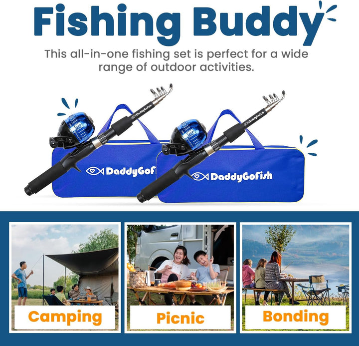 DaddyGoFish Kinder Angelset - Teleskoprute & Rolle Combo mit Klappstuhl, Rutenhalter, Tackle Box, Kö