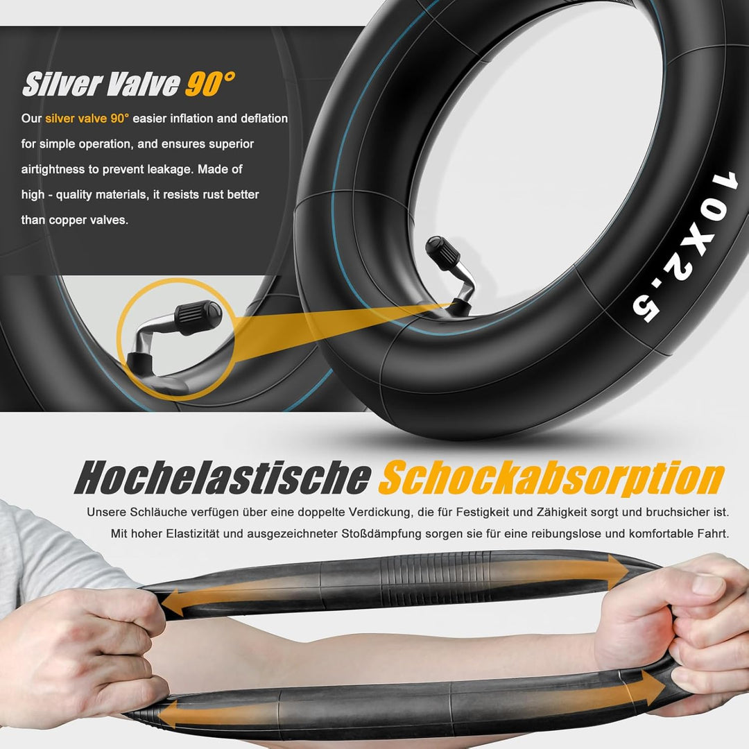 E Scooter Schlauch 10x2.50, 60/70-6.5 Schlauch Dickwandig & Haltbarem mit Silberne Ventil 90°, 10 Zo