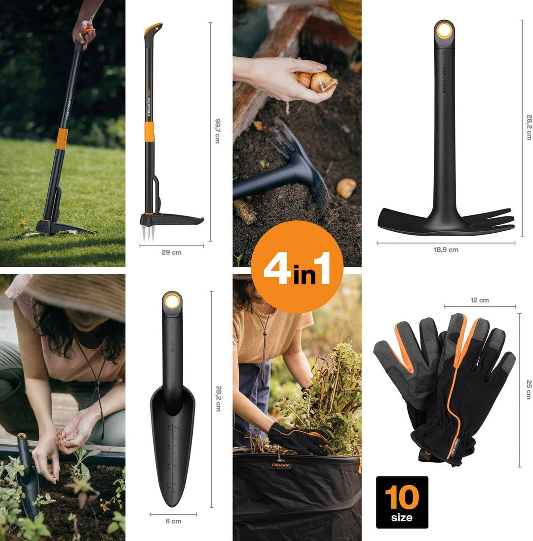 Fiskars Gartenwerkzeuge-Set, 4-teilig, Xact Unkrautstecher, Rostfreier Stahl/Kunststoff, Solid-Kombi