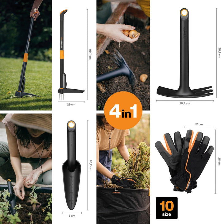 Fiskars Gartenwerkzeuge-Set, 4-teilig, Xact Unkrautstecher, Rostfreier Stahl/Kunststoff, Solid-Kombi