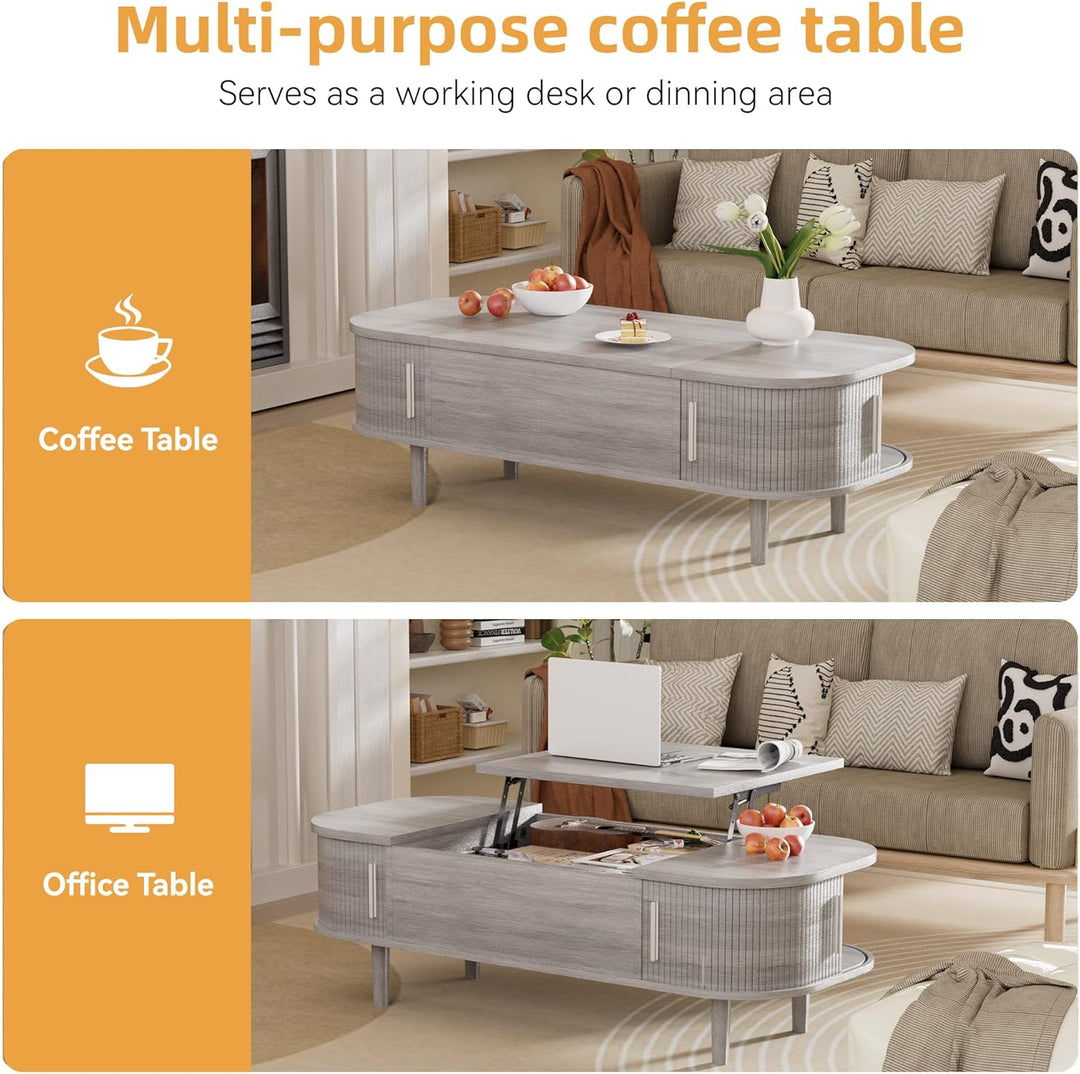 Couchtisch mit Hebeplatte – Moderner Holztisch mit Einzigartiger Textur & Verstecktem Stauraum, Kaff