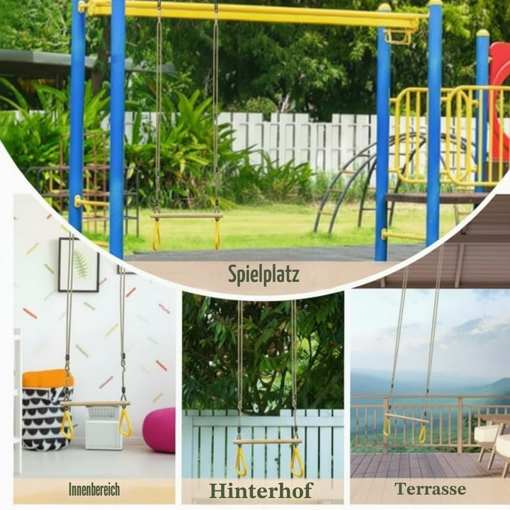 Leogreen Holztrapez mit Turnringen, Klimmzugstange für Fitness & Training im Freien, belastbar bis 1