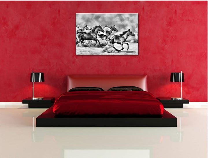 Pixxprint Western Pferde in Wüste / 100x70cm Leinwandbild bespannt auf Holzrahmen/Wandbild Kunstdruc