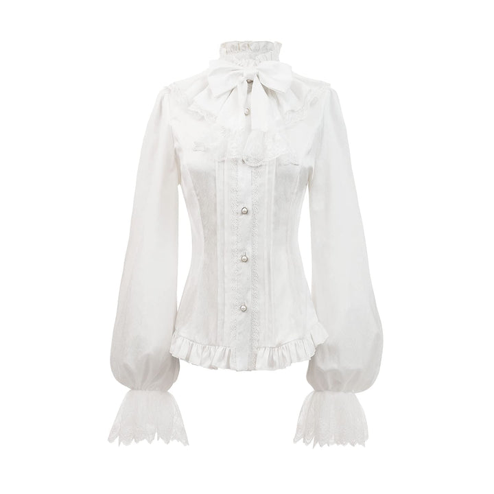 Fiamll Damen Viktorianisch Bluse Vintage Schleifenhemd Stehkragen mit Ruff Langarmshirt Mittelalter