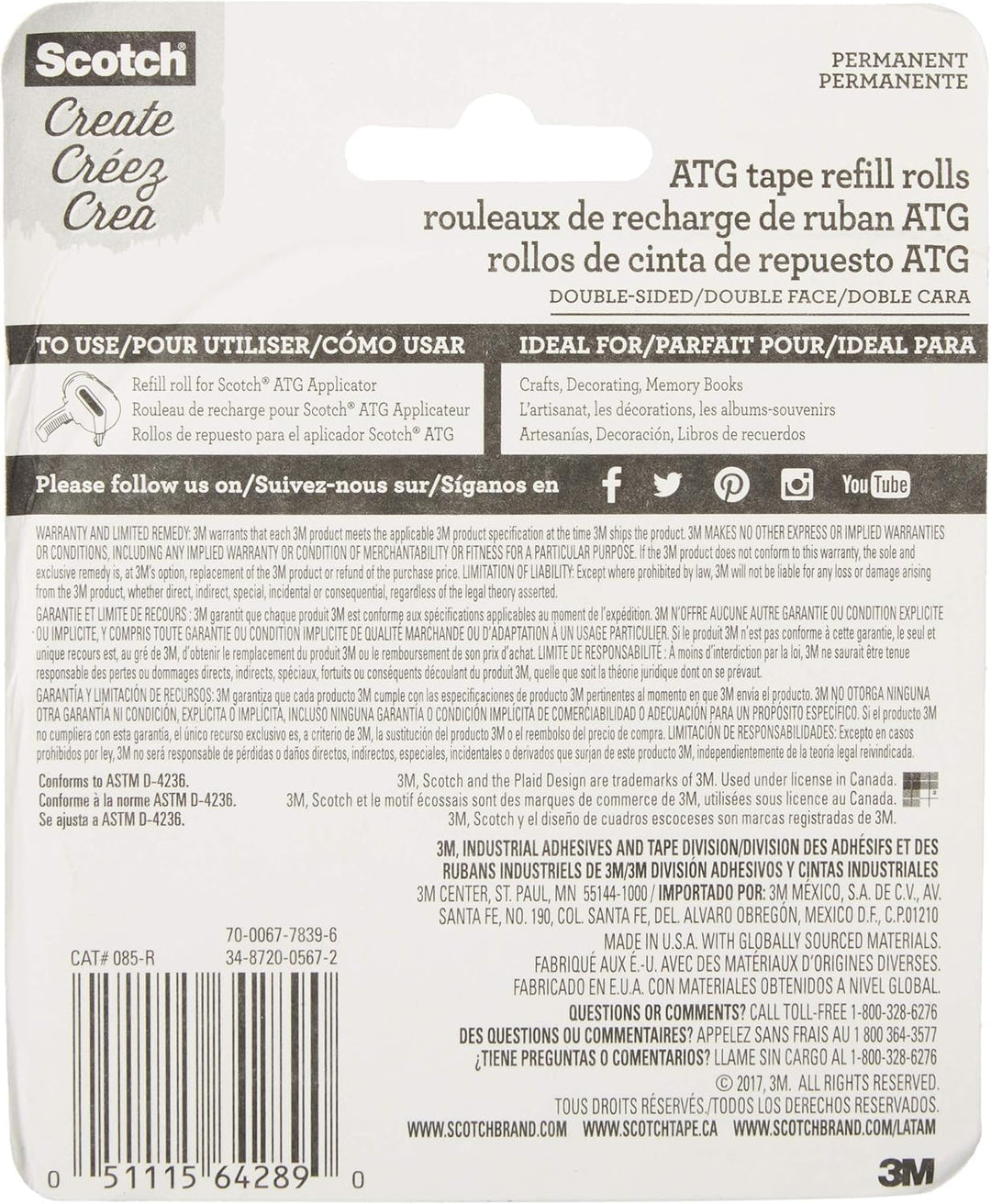 Scotch 085-R ATG Advanced Tape Glider Refill Rolls, 1/4-Inch by 36-Yard, 6 Rolls (3 Pack), 3 PACK