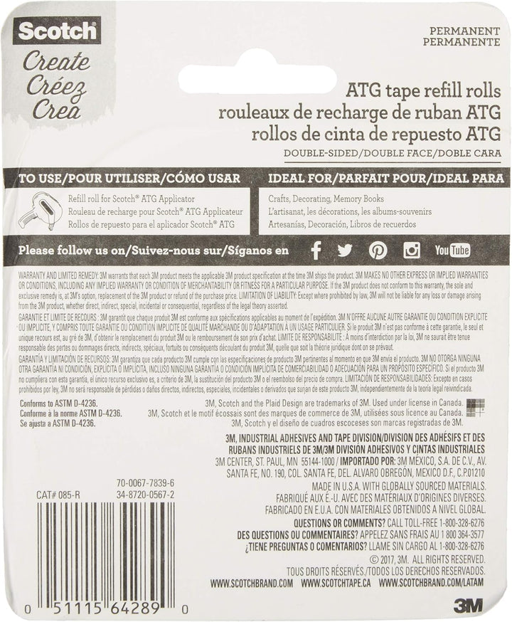 Scotch 085-R ATG Advanced Tape Glider Refill Rolls, 1/4-Inch by 36-Yard, 6 Rolls (3 Pack), 3 PACK