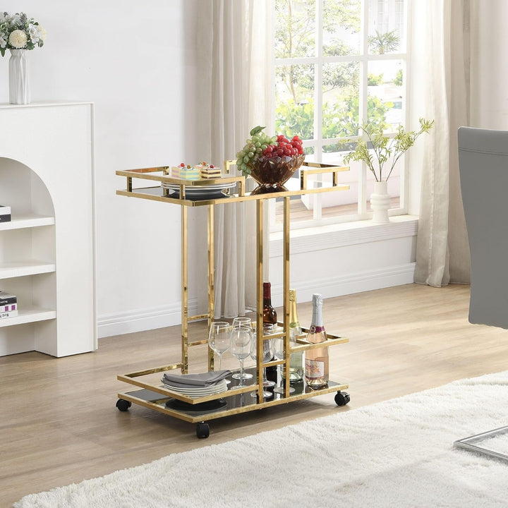FineBuy Servierwagen Gold Metall mit Glas Ablagen auf Rollen 67,5x83,5x43 cm, Moderner Barwagen mit