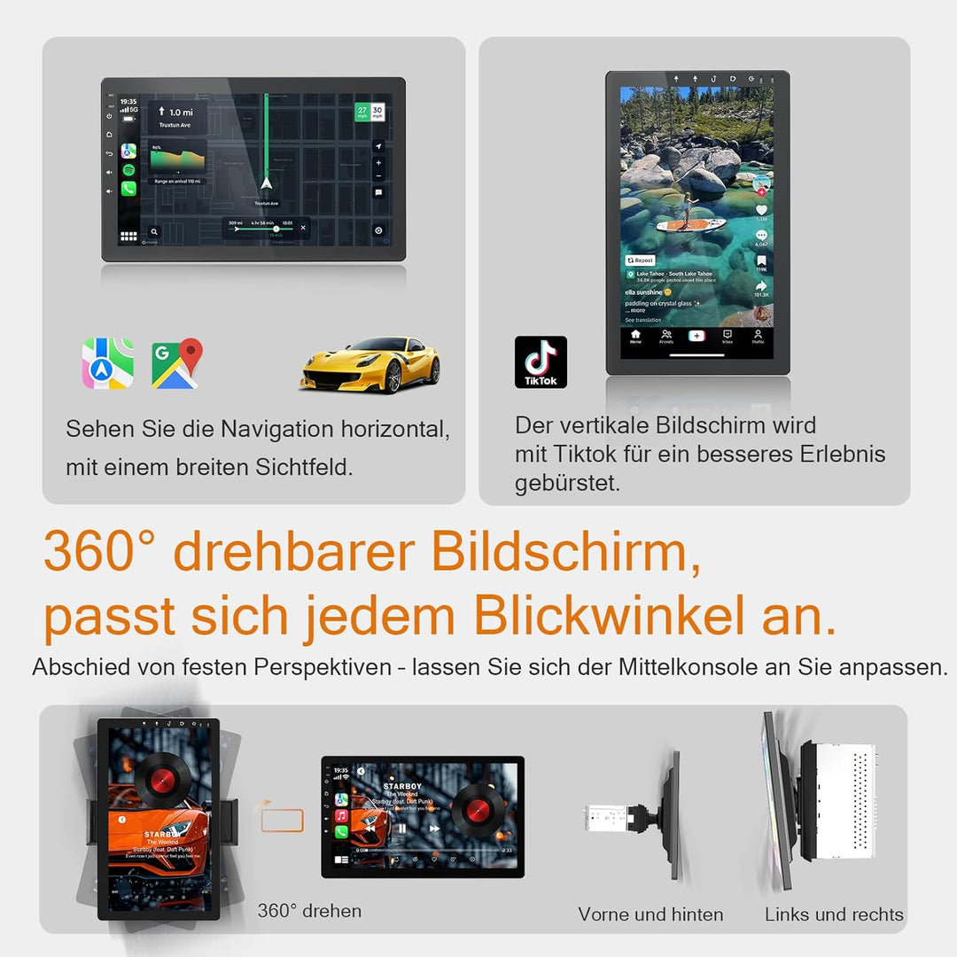 1Din Autoradio, mit 10.1 Zoll drehbar Bildschirm,Kompatibel mit Wireless Apple CarPlay und Android A
