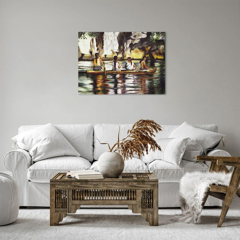 Bilder auf Leinwand Frau Wasser Boot Leinwandbild mit Rahmen 70x50cm Wandbilder Dekoration Wohnzimme