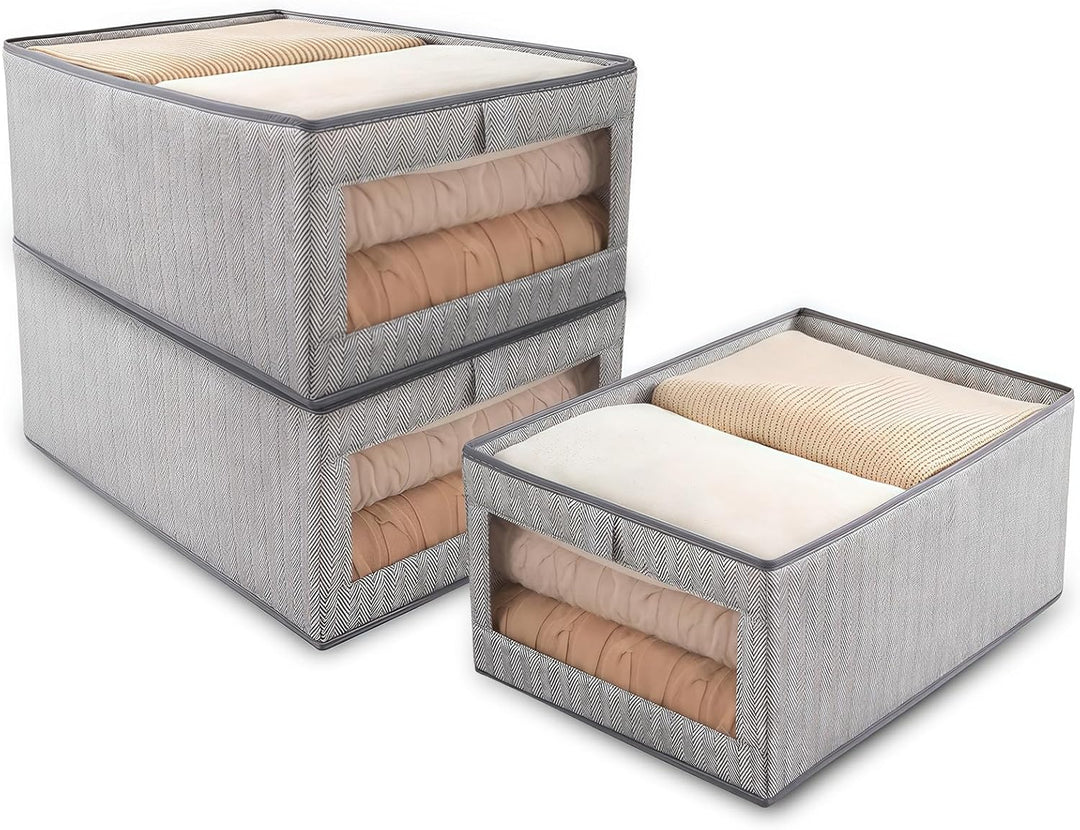 Ruucy Aufbewahrungskorb Stoff 3er Set, Faltbare Stoffboxen mit Transparent Fenster, Gross Aufbewahru