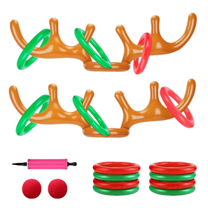 2 Set Aufblasbares Rentier, Rentiergeweih Aufblasbar, Kinder Ringwurfspiel, (2 Geweihe 8 Ringe 2 Clo