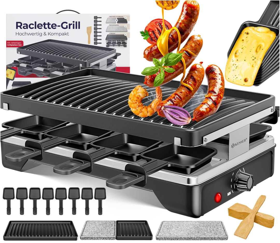 KESSER® Raclette-Grill mit Naturgrillstein, Grillplatte Tischgrill für 8 Personen, Elektrogrill Racl