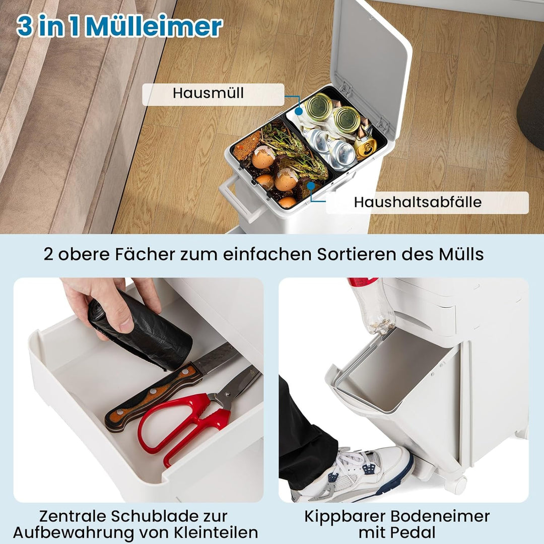 FANTASK 3 in 1 Mülleimer 32L auf Rädern, Abfalleimer Küche mit Kippbehälter & 2 Fächer, Schublade &