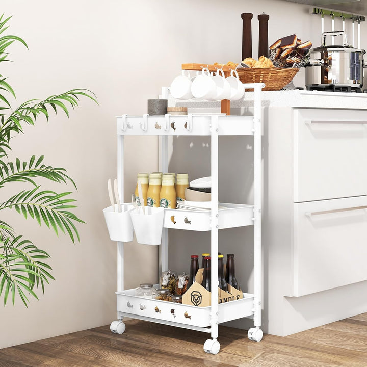 GOPLUS 3-Ebenen Rollwagen, Servierwagen mit Universalrädern, Griff, 2 Aufbewahrungsboxen, 4 Haken, O