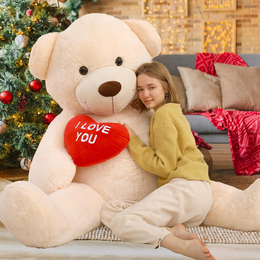 MorisMos 150cm riesen Teddy mit Herz, Beige gross teddybär XXL, kuschelig Plüschbär XXXL, Valentinst