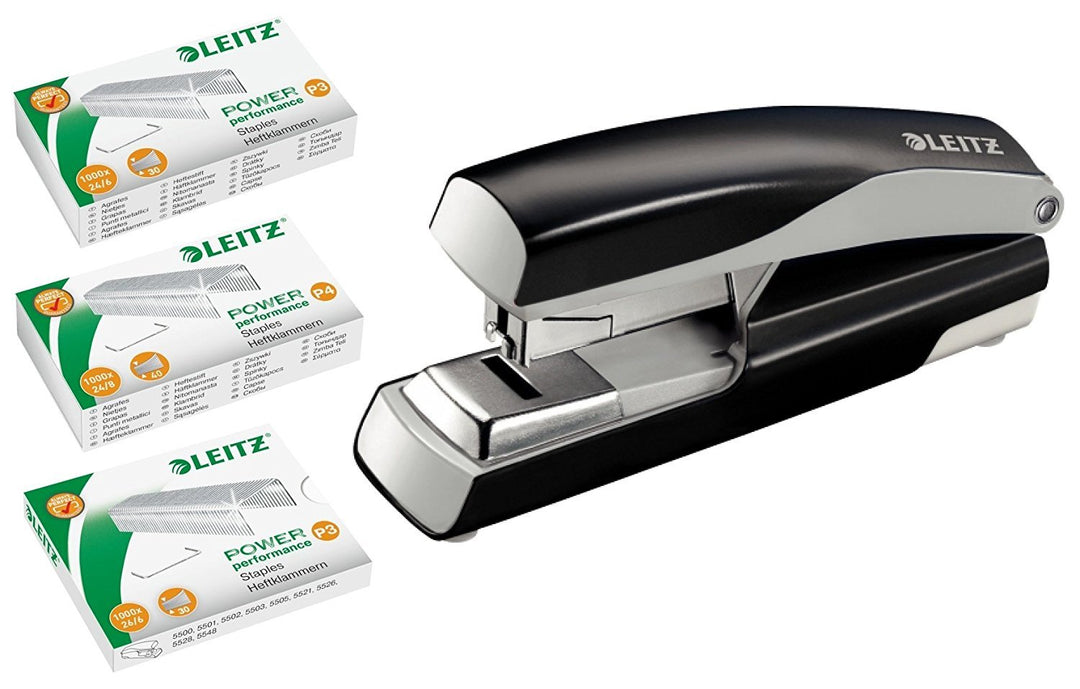 Leitz Flach-Heftgerät [ schwarz ] (40 Blatt, Ergonomisches Metallgehäuse, Inkl. Heftklammern je 1000